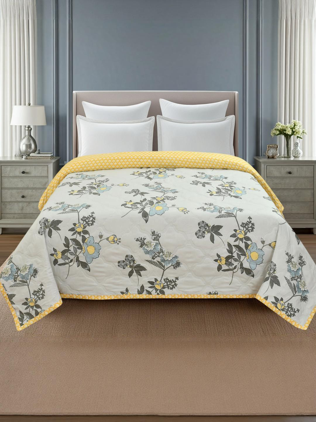 Harbell Home Cream-Coloured & Yellow Floral AC Room 120 GSM Double Bed Comforter