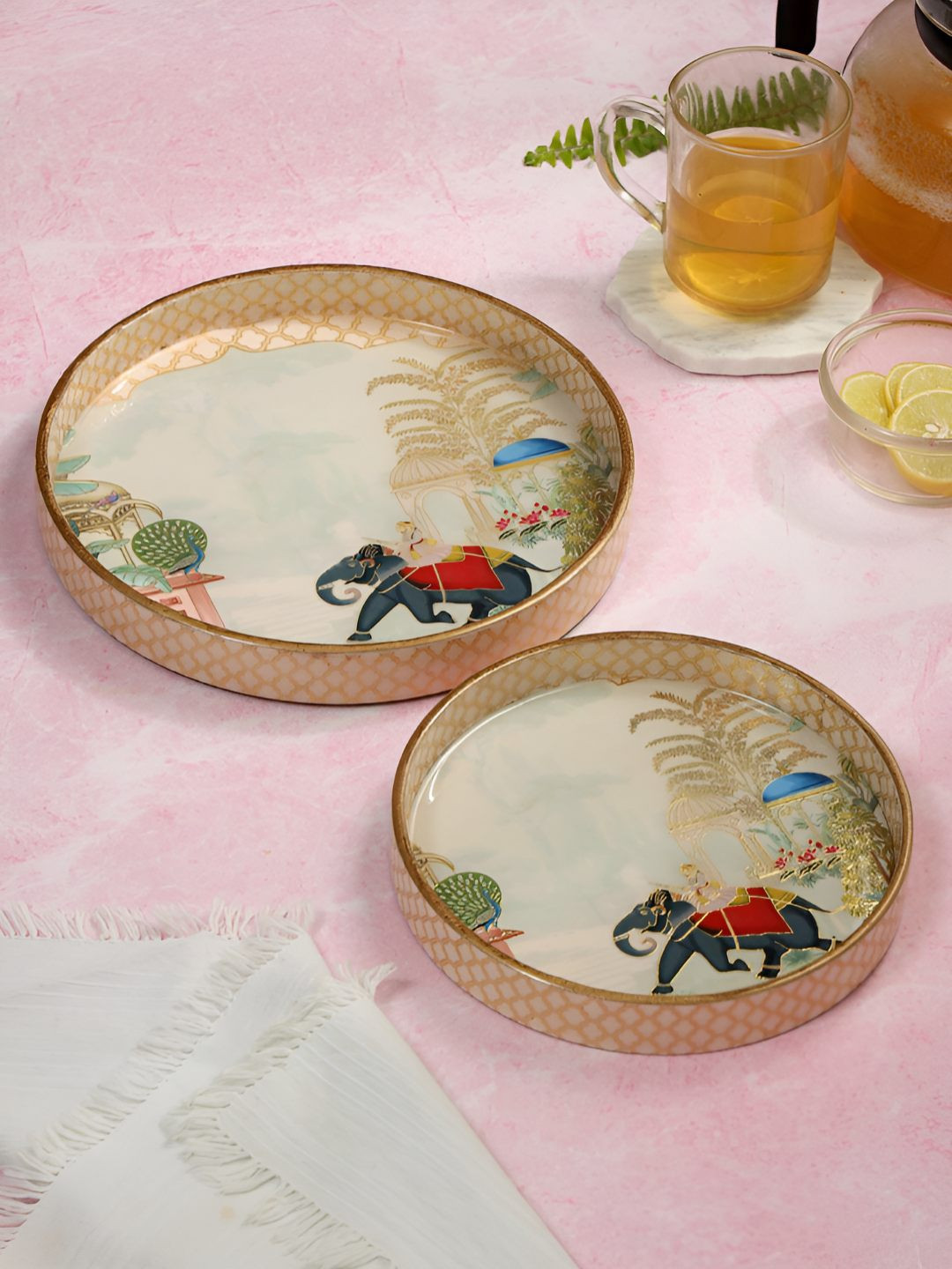 DULI White & Red 2 Pieces Printed Round Shaped Serving Trays
