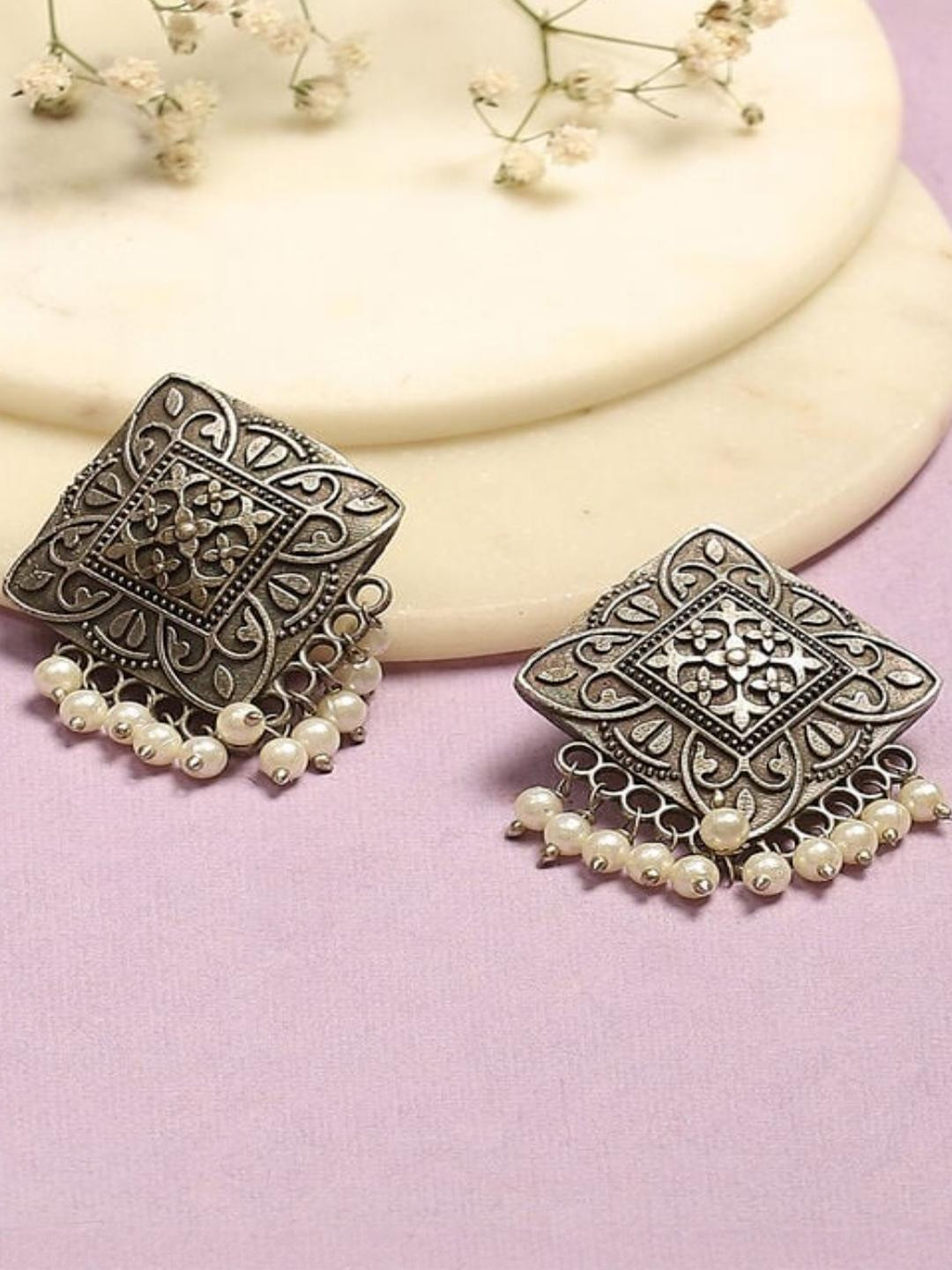 BMINO Silver Plated Beaded Geometric Drop Earrings