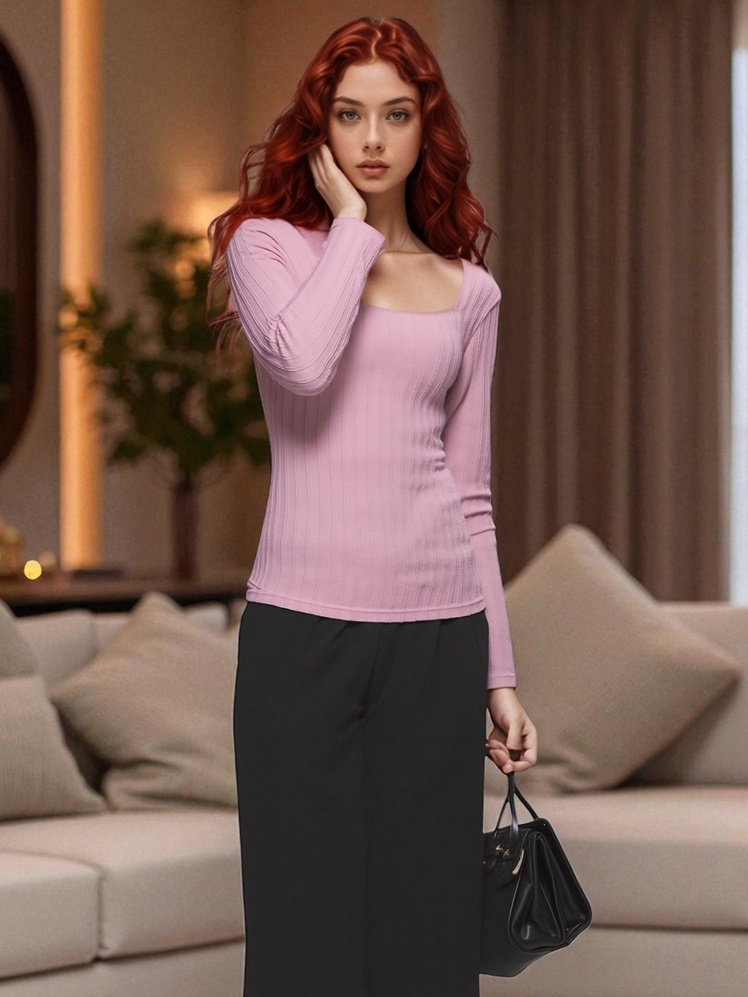IUGA Women Pink Scoop Neck Ribbed Top