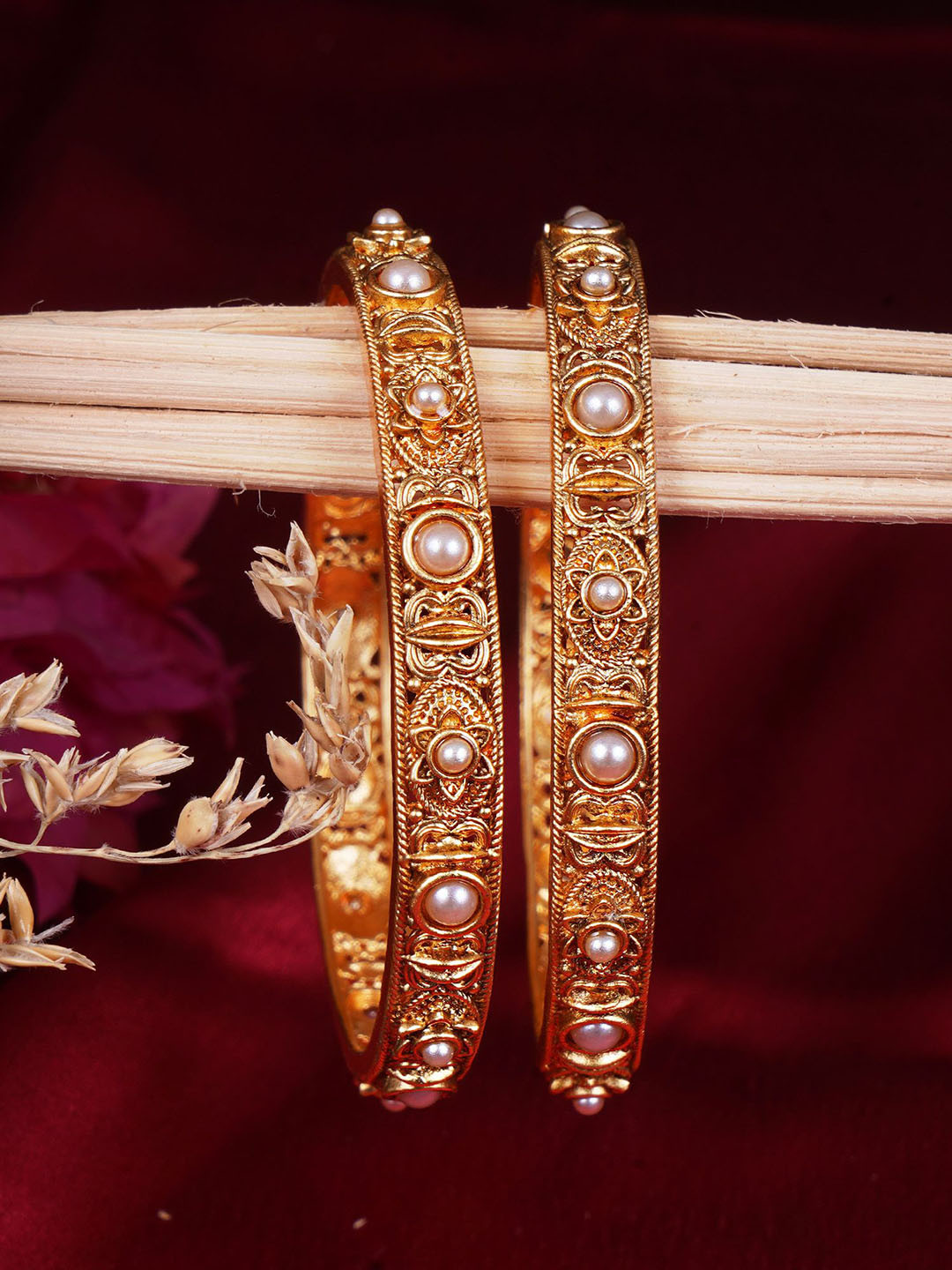 Adwitiya Collection Set Of 2 Gold-Plated Pearls Studded Flower Design Bangles