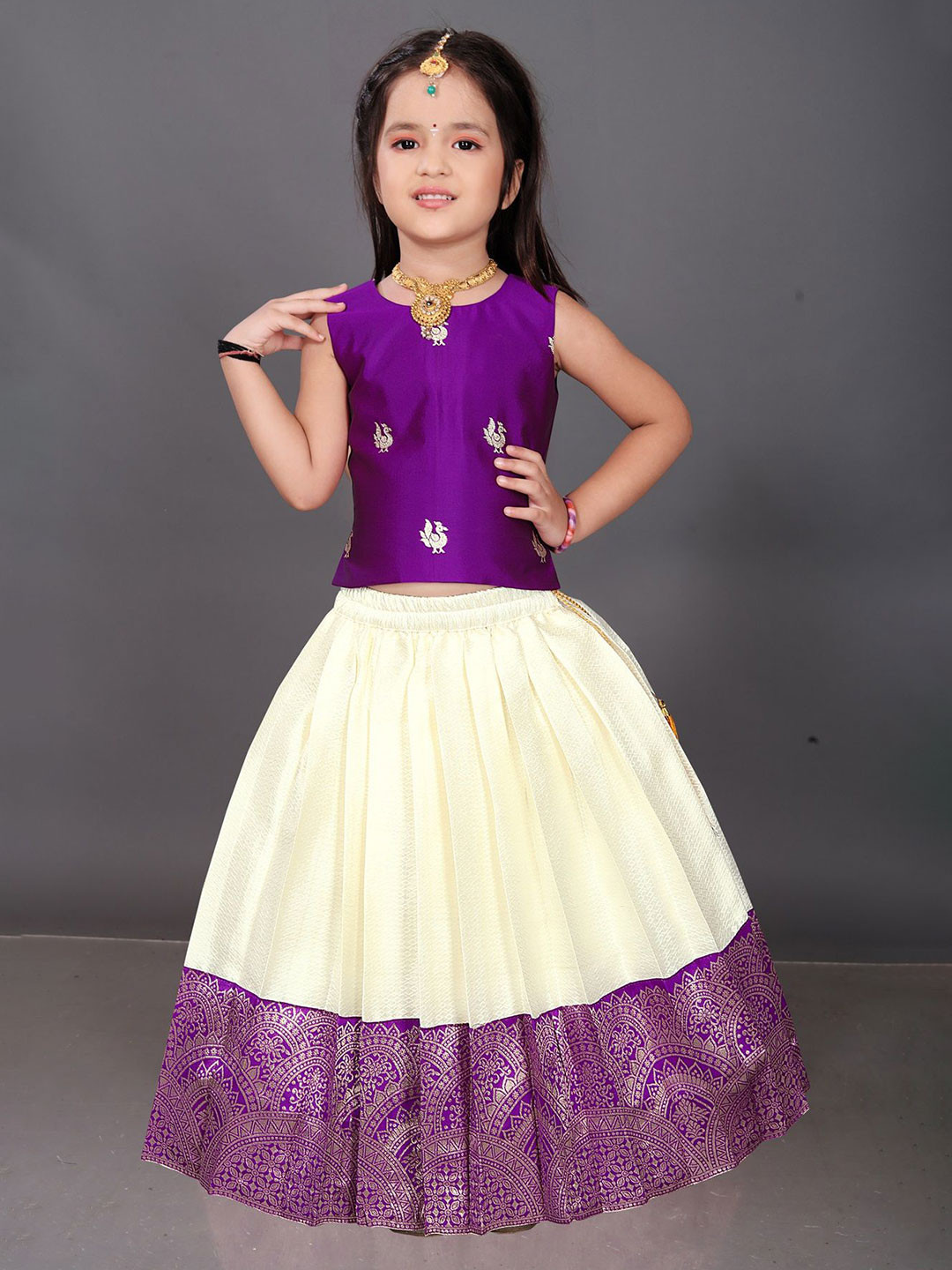 FELIZ THE DESIGNER STUDIO Girls Woven Design Zari Ready To Wear Cotton Lehenga & Blouse