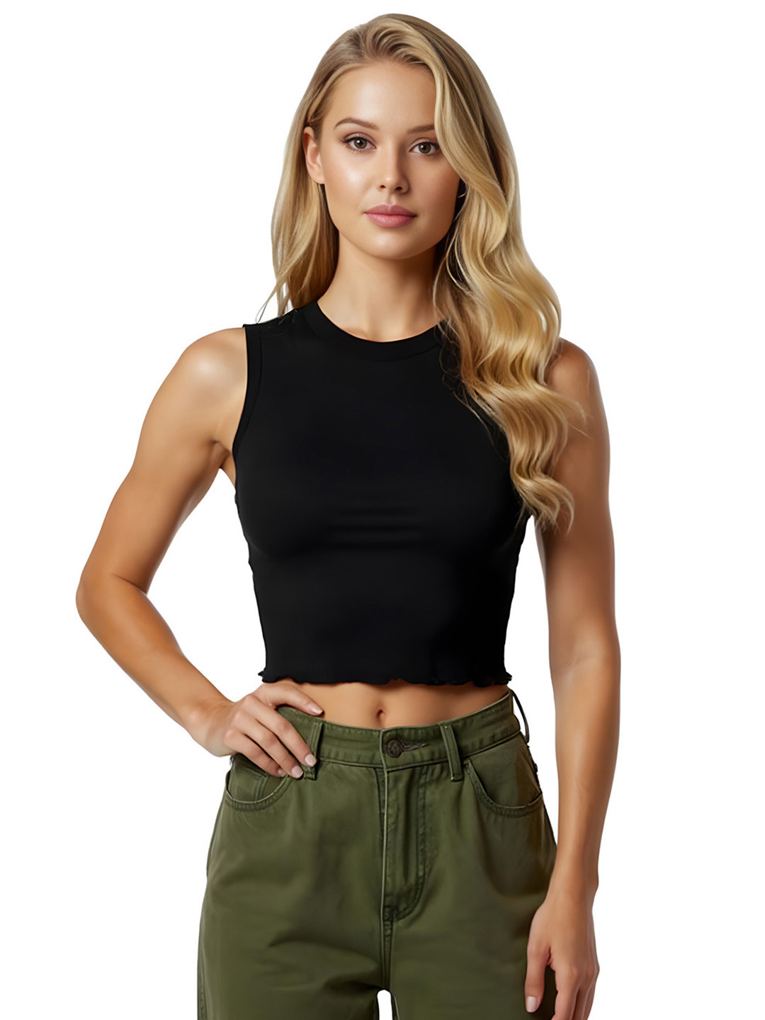 glitchez Round Neck Sleeveless Ribbed Fitted Crop Top