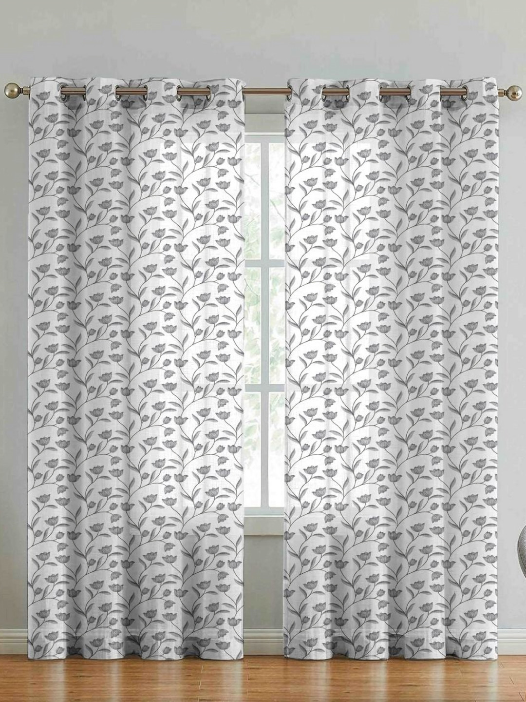 Aura Grey & White 2 Pieces Floral Linen Door Curtains