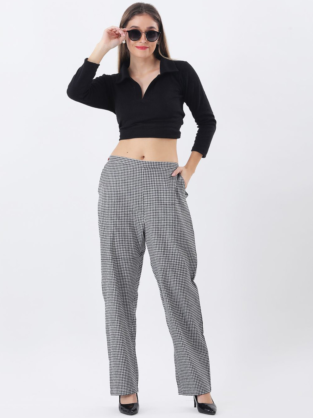 Qurvii Women Checked Comfort High-Rise Cotton Trousers