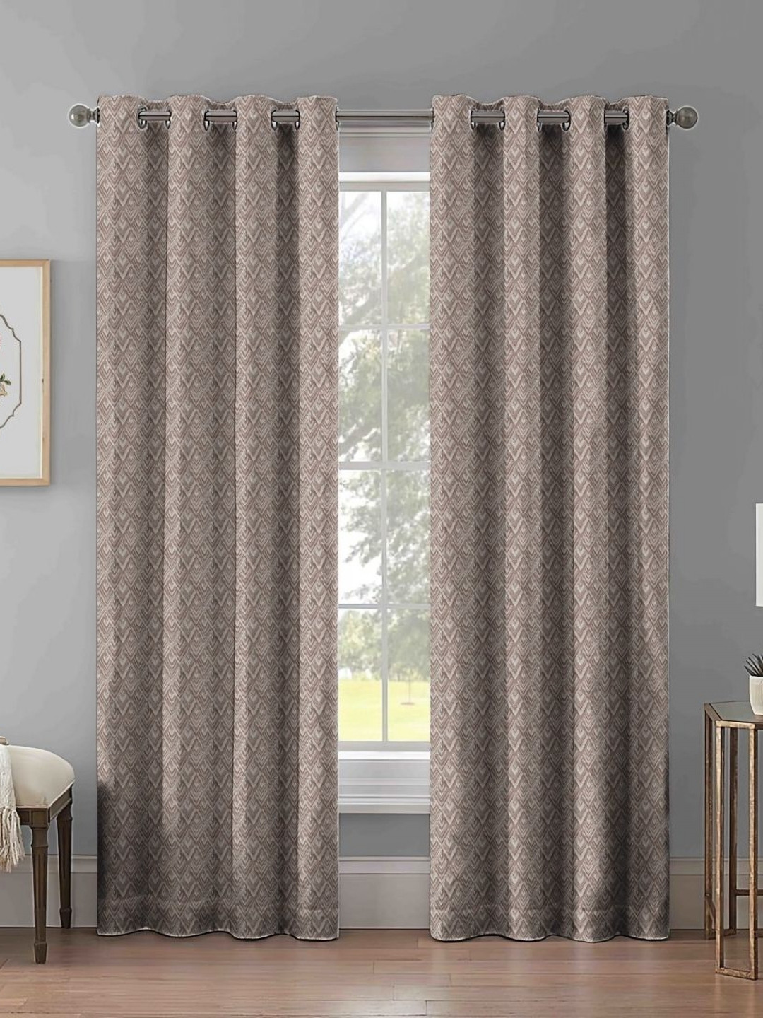 Aura Coffee Brown & Beige 2 Pieces Floral Printed Jacquard Door Curtains