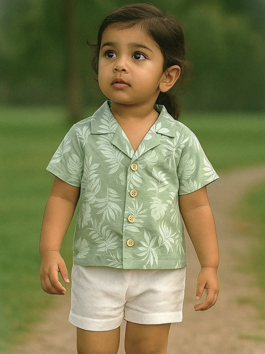 Anneca Girls Leaf Printed Short Sleeves Linen Shirt With Shorts