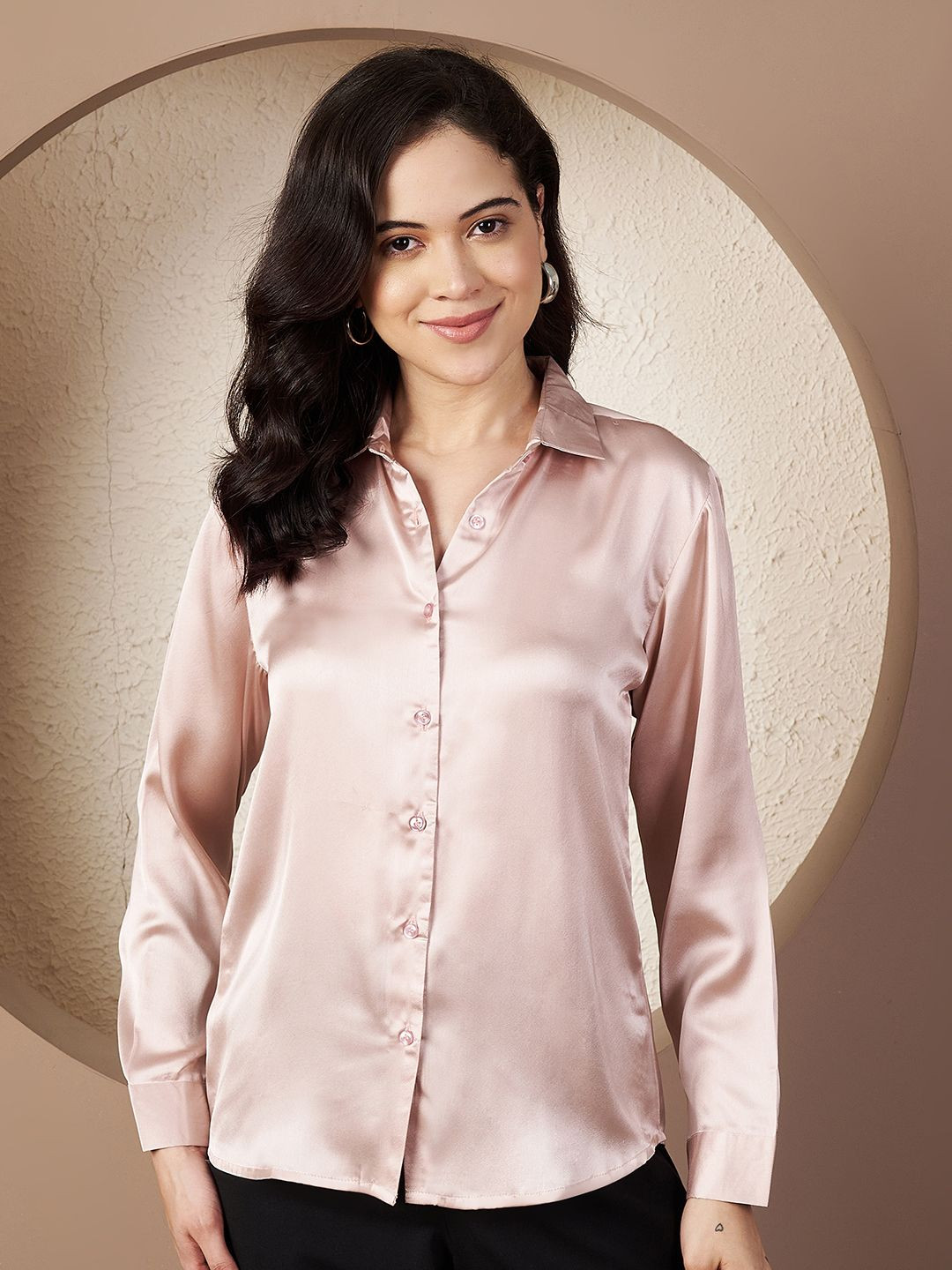 Fbella Women New Fit Solid Spread Collar Satin Casual Shirt