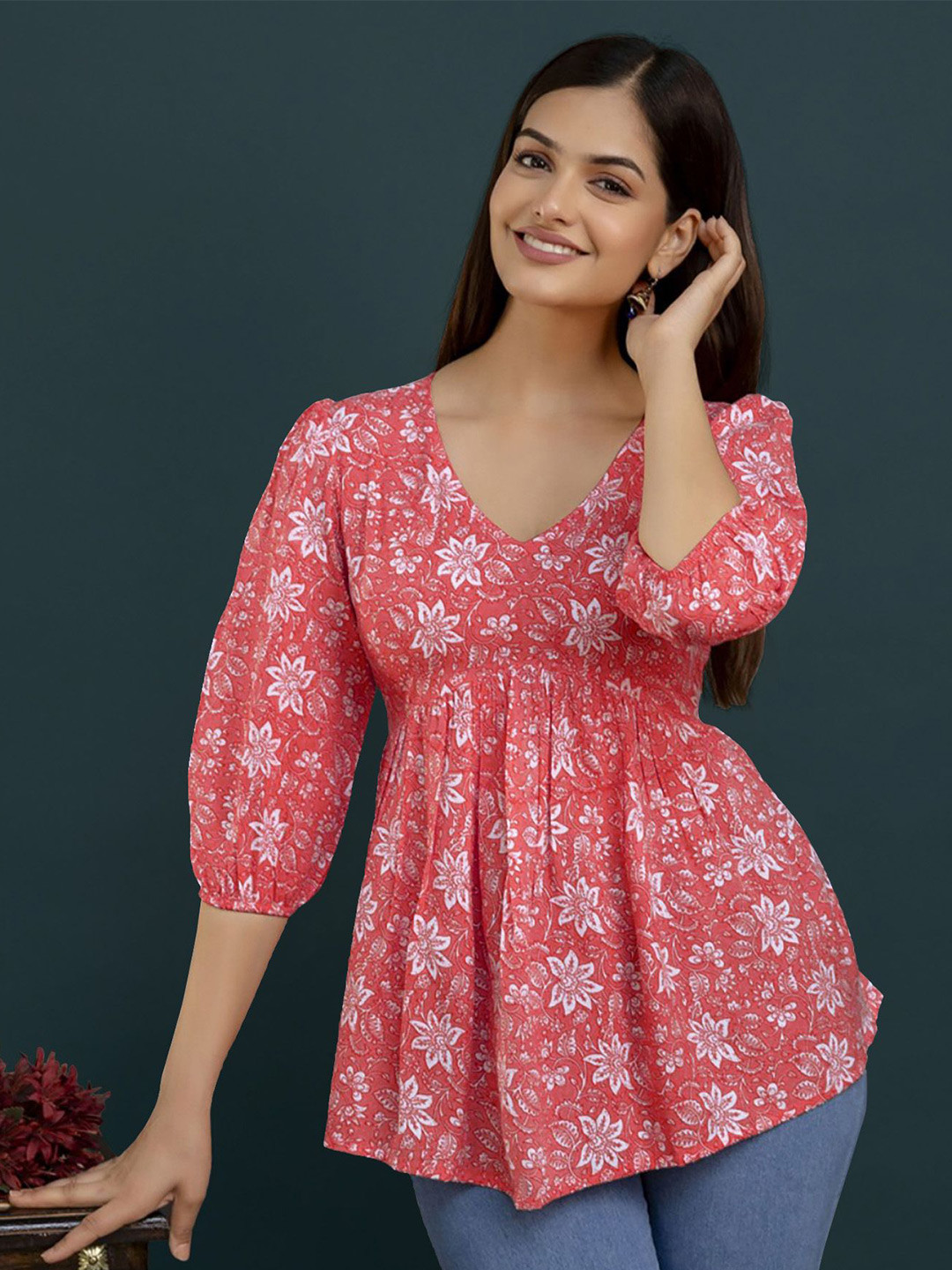 Dream Beauty Fashion top-70-mahi-peach Women Floral Printed Peplum Regular Top