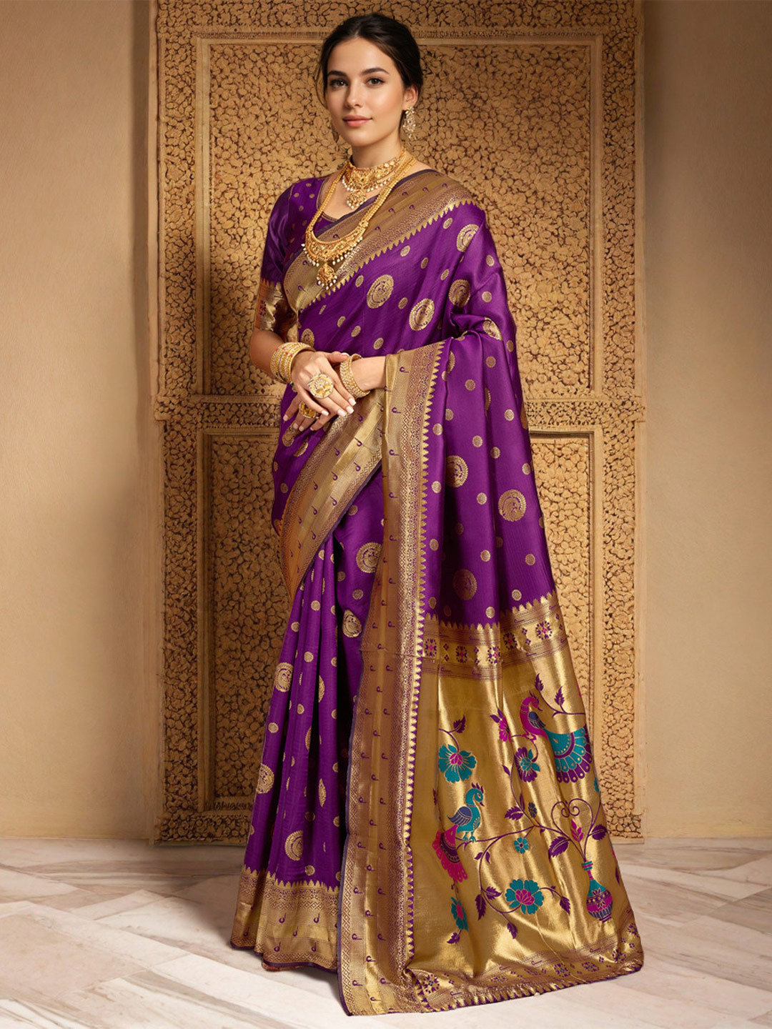 KALINI Floral Woven Design Zari Paithani Saree With Zari Weaving And Contrast Blouse Piece
