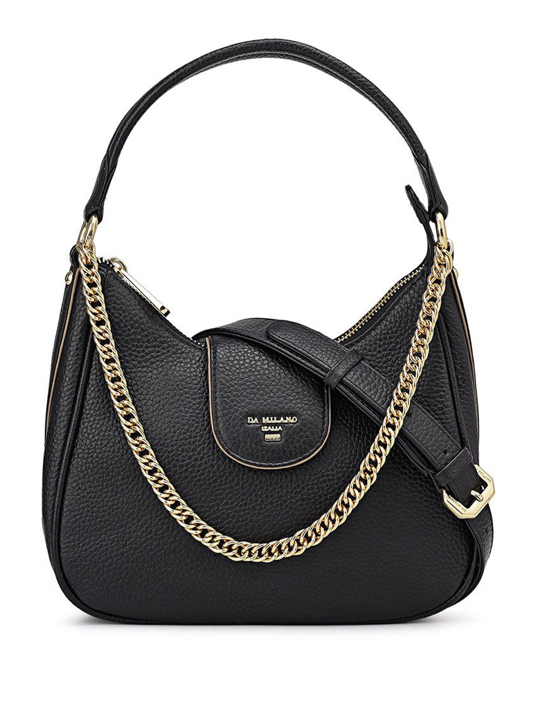Da Milano LSB-01682 Women Textured Half Moon Buckle Detail Leather Hobo Bag