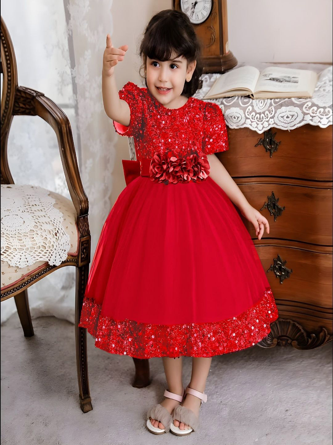 Vani Enterprise Leo_M Girls Embellished Puff Sleeve Applique Fit & Flare Midi Dress