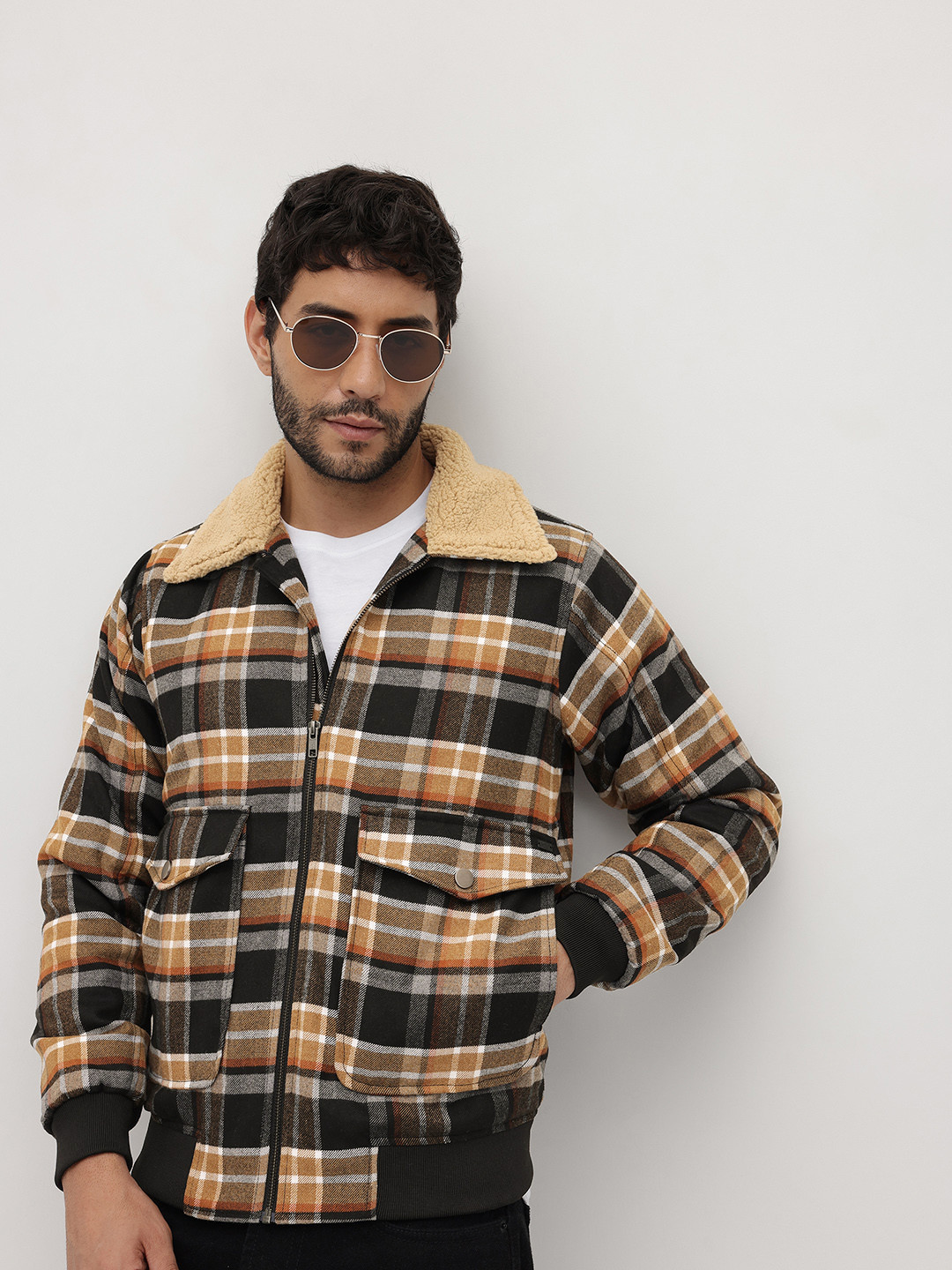 The Roadster Life Co. Tartan Checked Fleece Spread Collar Bomber Jacket
