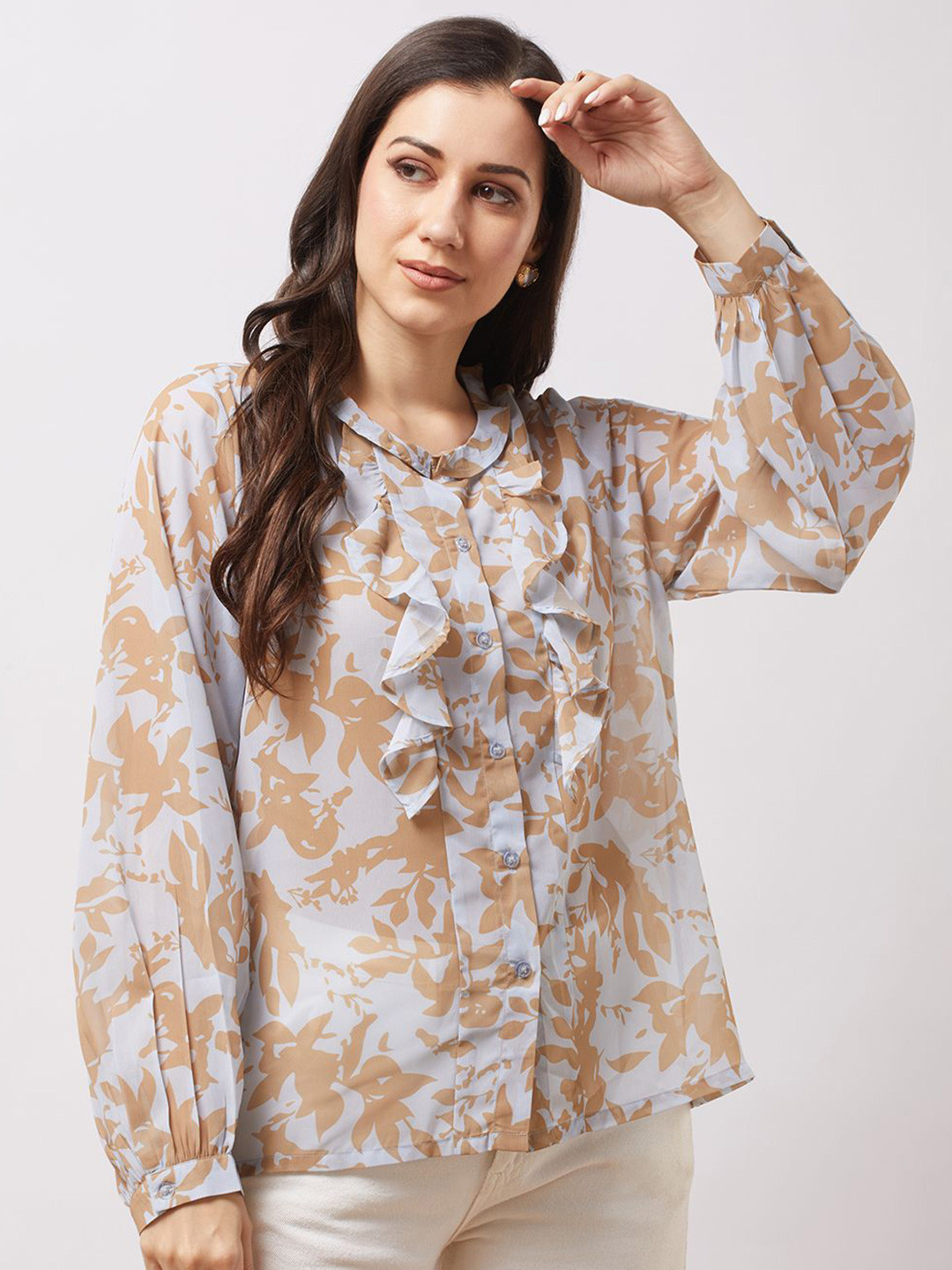 Globus Women Abstract Print Mandarin Collar Ruffles Shirt Style Top