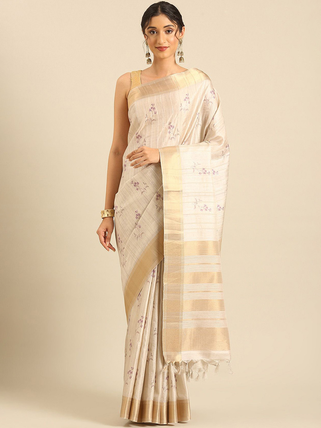 Taashi Textured Floral Printed With Foil Butta Work Printed Tussar Saree