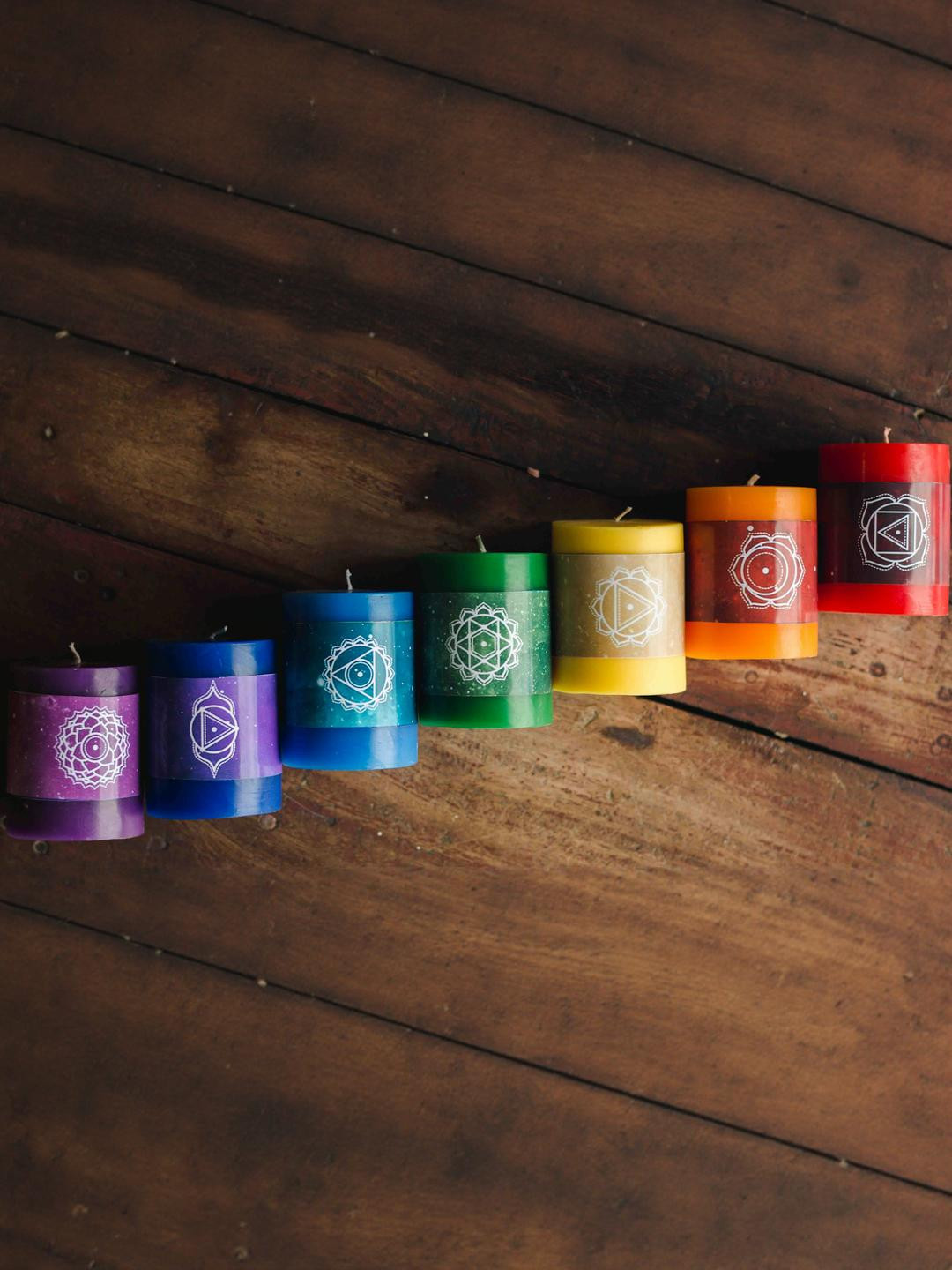 LIGHT JEWELS Chakra Candle Set, Rainbow Colors with Sacred Symbols 7Pcs Smokeless Pillar Candles