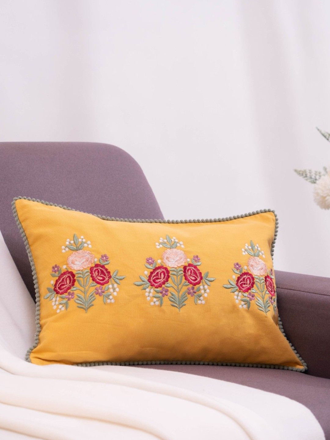 haus & kinder Golden Bloom Garden Mustard Cotton Embroidered Rectangle Cushion Cover