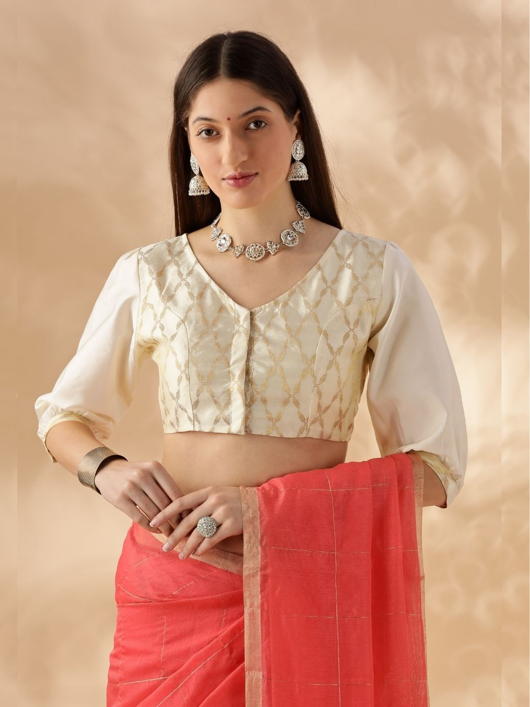 Abhishti Cream Puff Sleeve Zari Banarasi Blouse