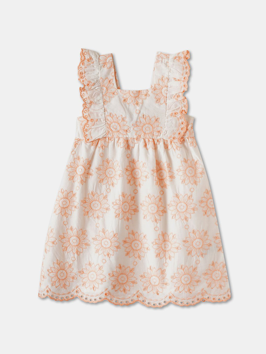 R&B Girls Square Neck Embroidered Cotton A-Line Dress With Ruffles