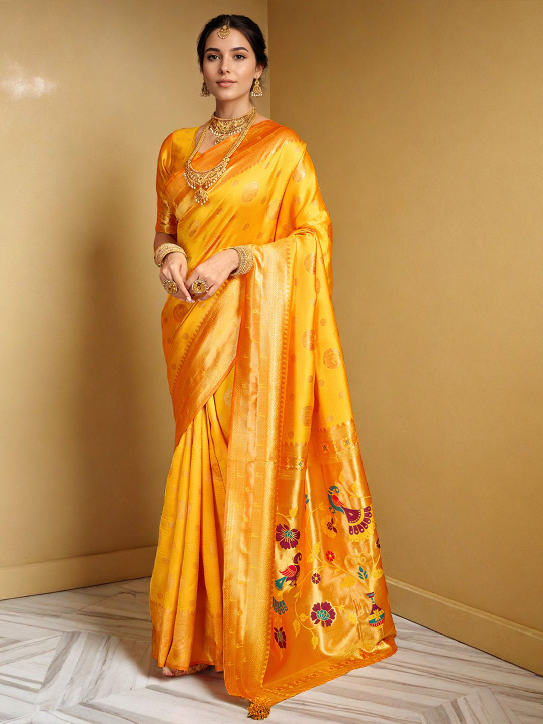 KALINI Woven Design Zari Paithani Saree & Contrast Blouse Piece