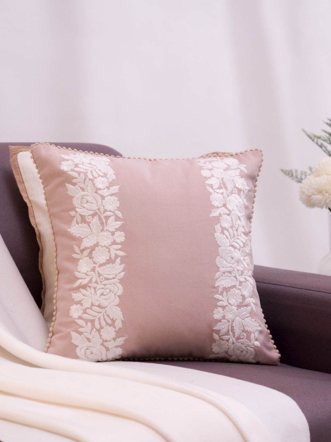 haus & kinder Beige & White Lacewood Elegance Embroidered Square Cushion Covers