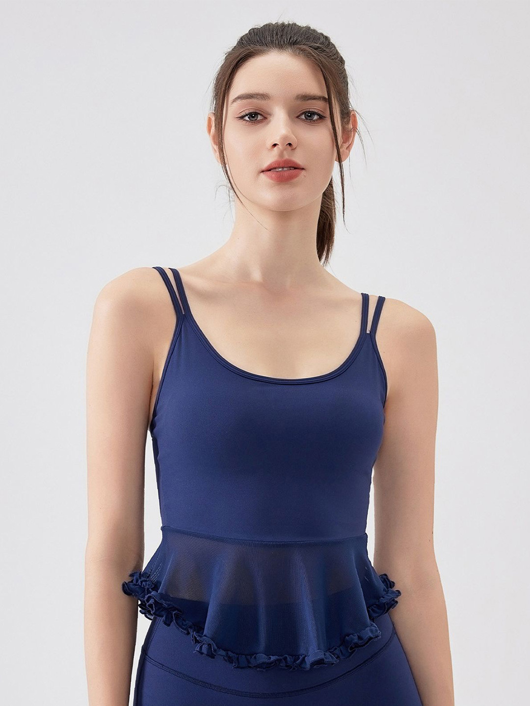 LULU & SKY Navy Blue Peplum Crop Top with Shoulder Straps