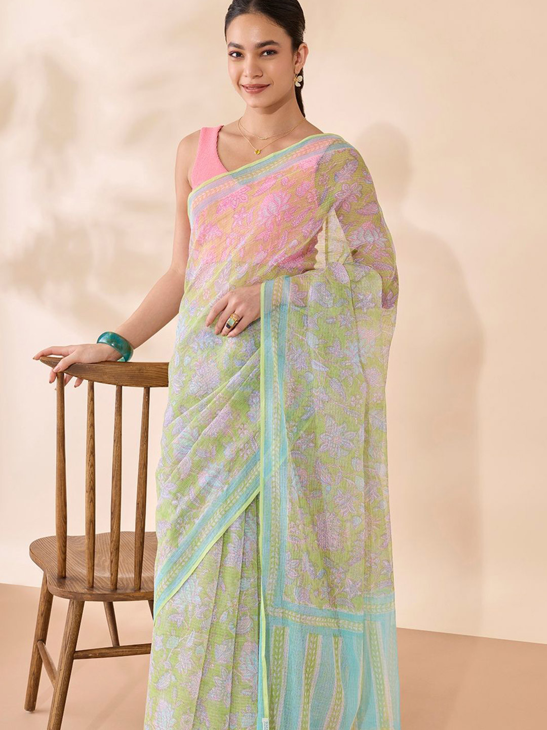 Taneira Pure Cotton Floral Kota Block Print Saree