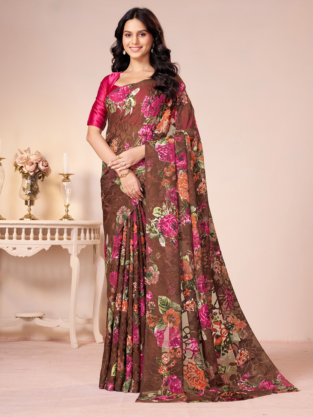 Garden Vareli Floral Printed Brasso Saree With Satin Blouse Piece