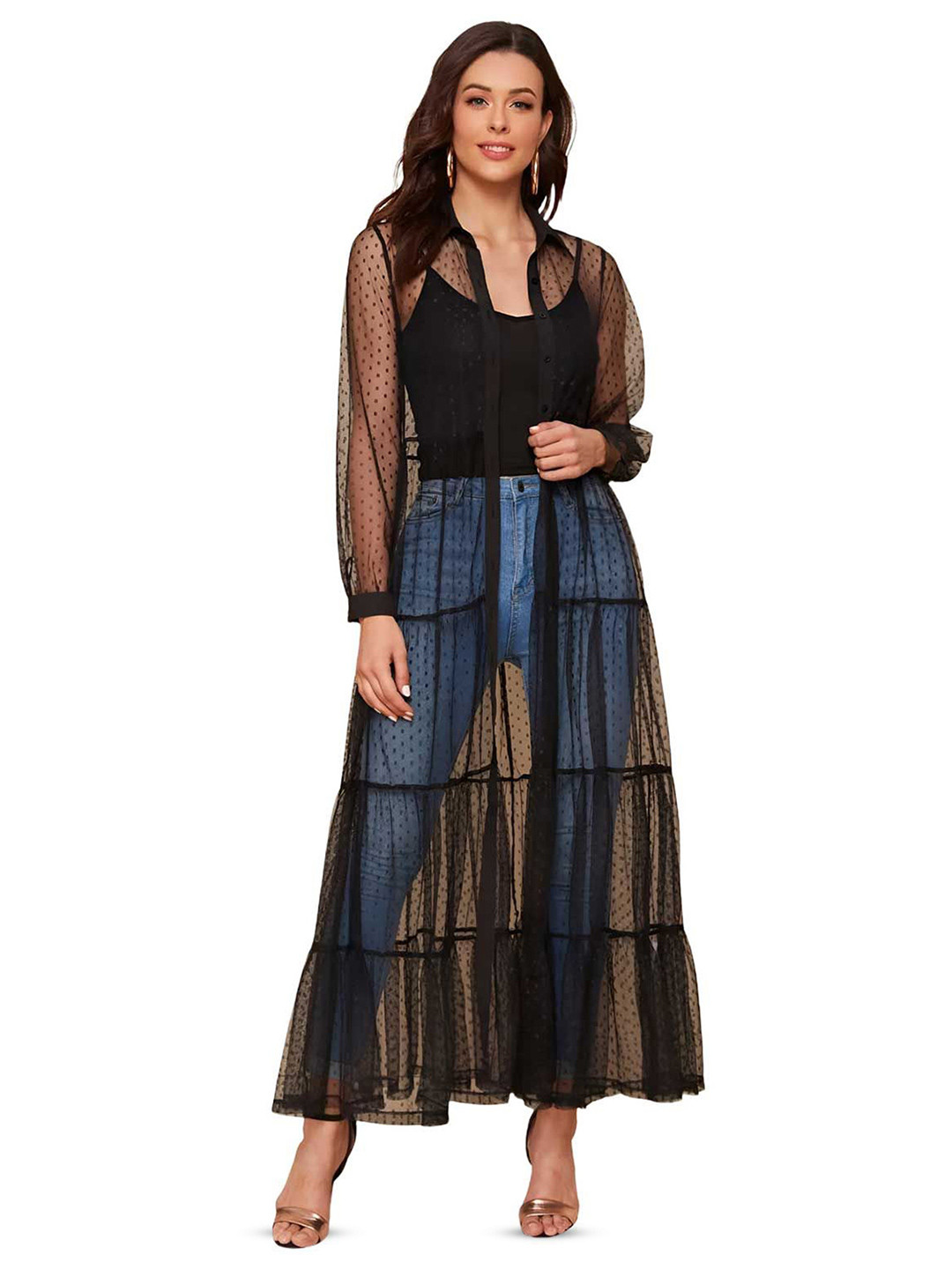 Tishani Women Full Sleeve Dobby Mesh Longline Shrug