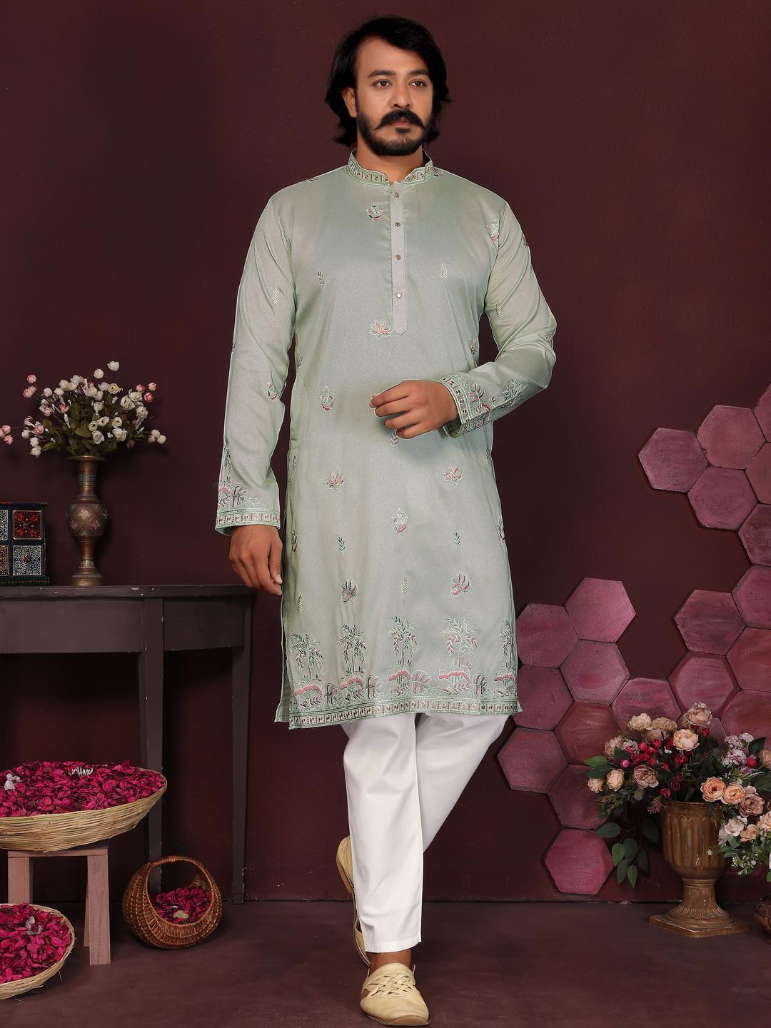 DVILLA Men Sea Green Cotton Kurtas