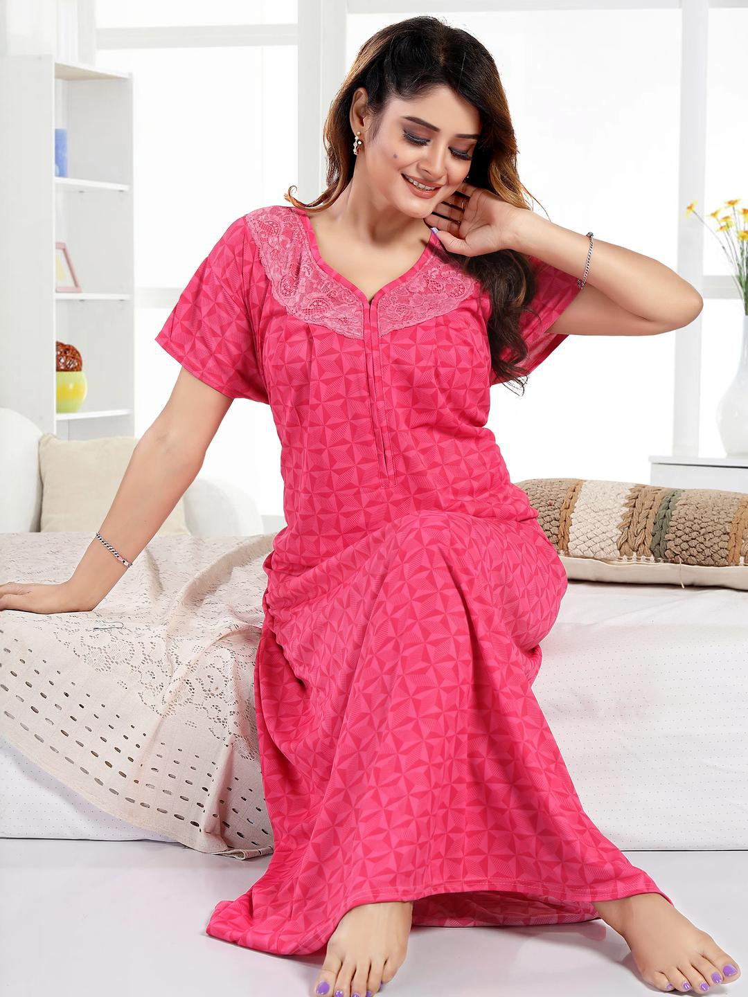 LIFE-TALE Women Pink Pure Cotton Nightdress