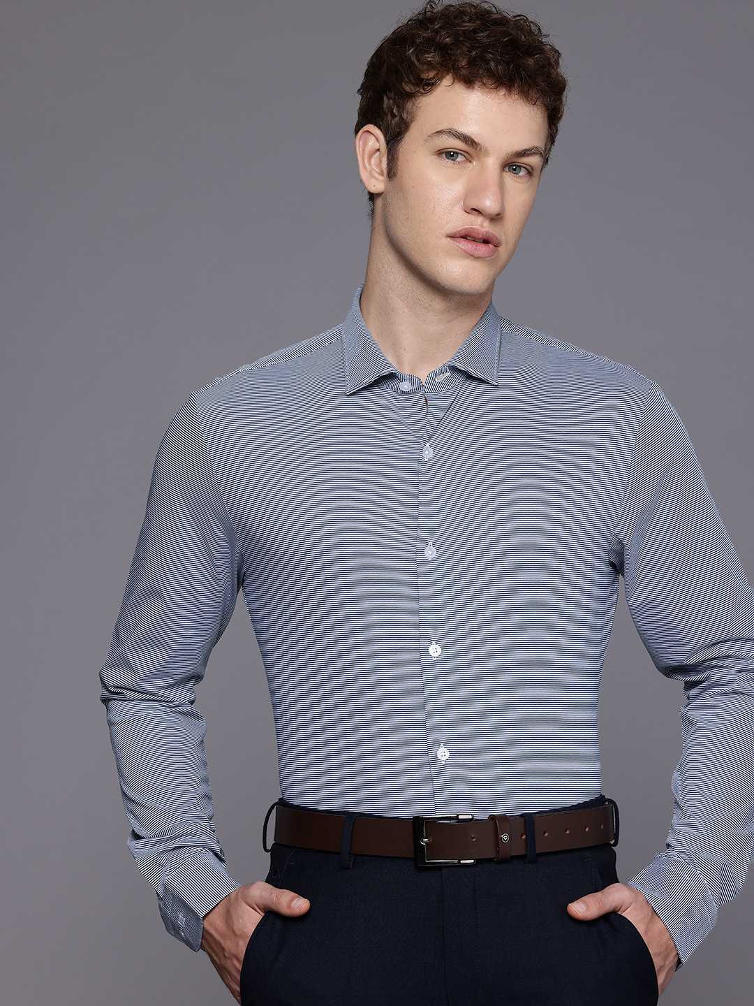 Louis Philippe Pure Cotton Slim Fit Horizontal Stripes Wrinkle Free Formal Shirt