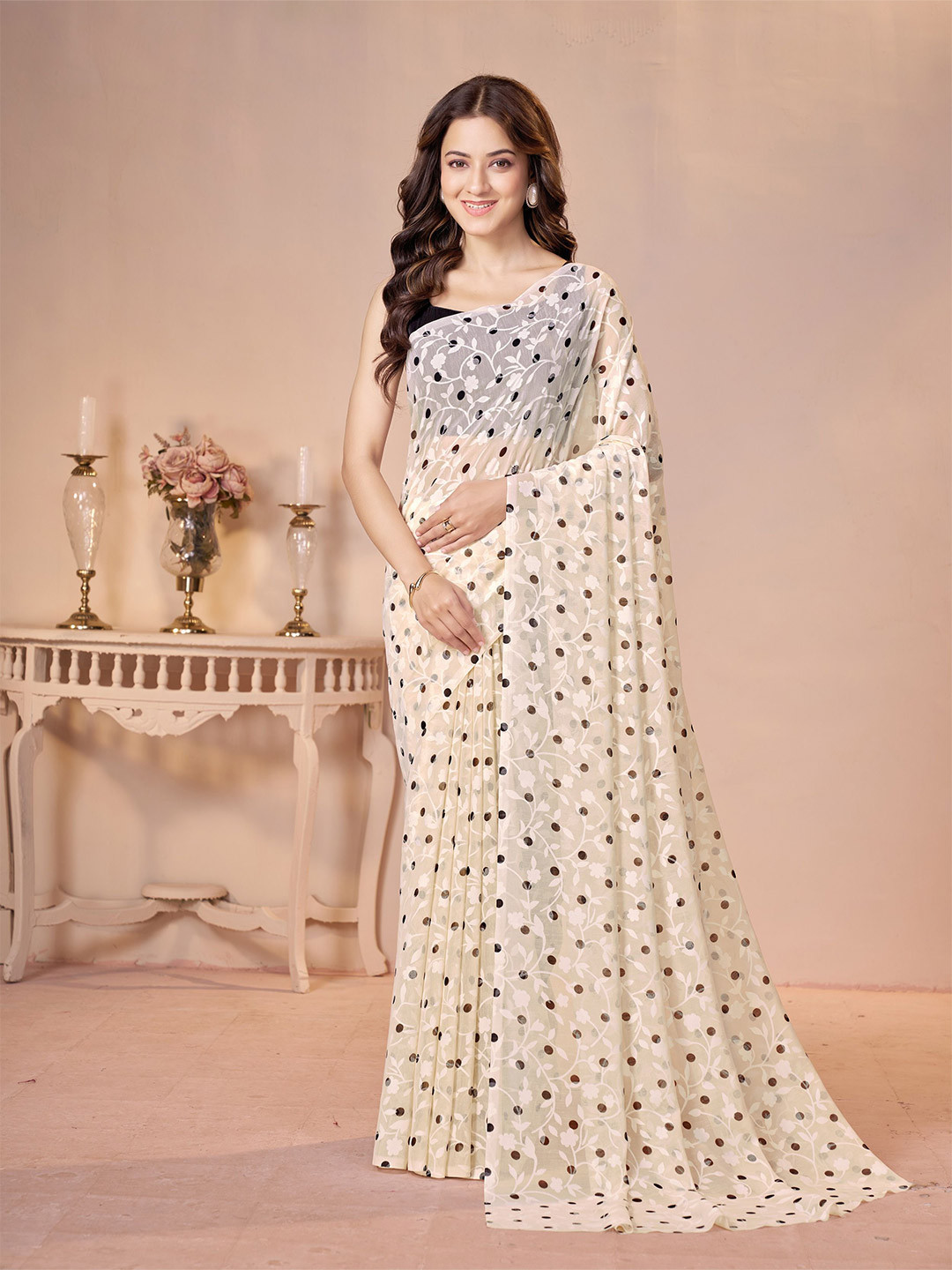 Garden Vareli Polka Dots Printed Brasso Saree