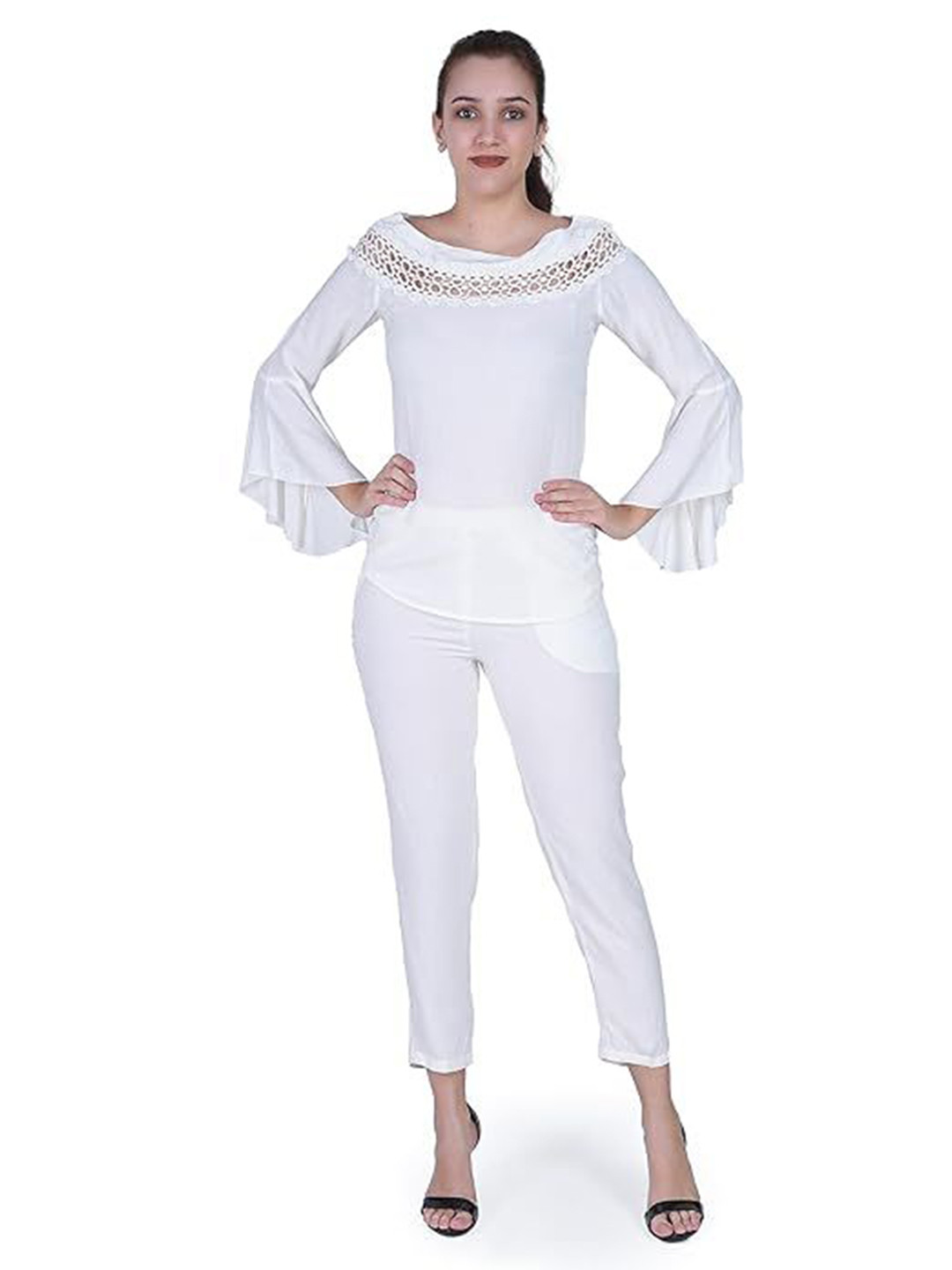 IB STYLES Women Boat Neck Bell Sleeves Cut Out Top