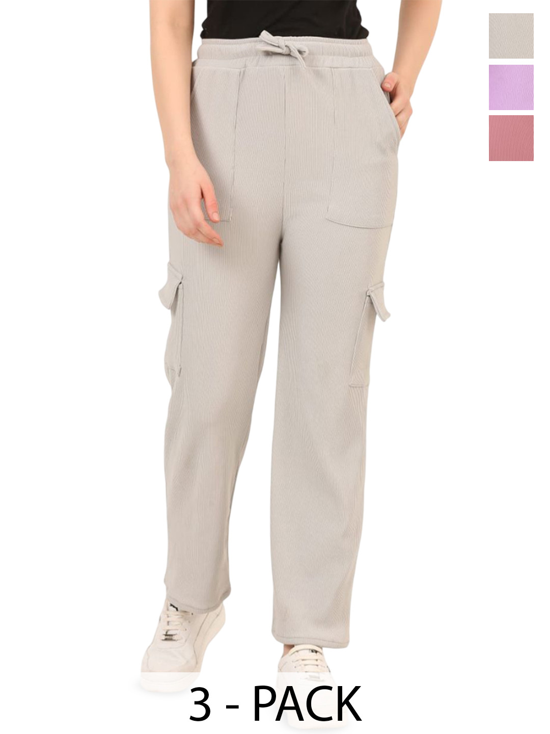 BAESD Girls Pack of 3  Girls Textured Mid-Rise Cotton Cargos Trousers