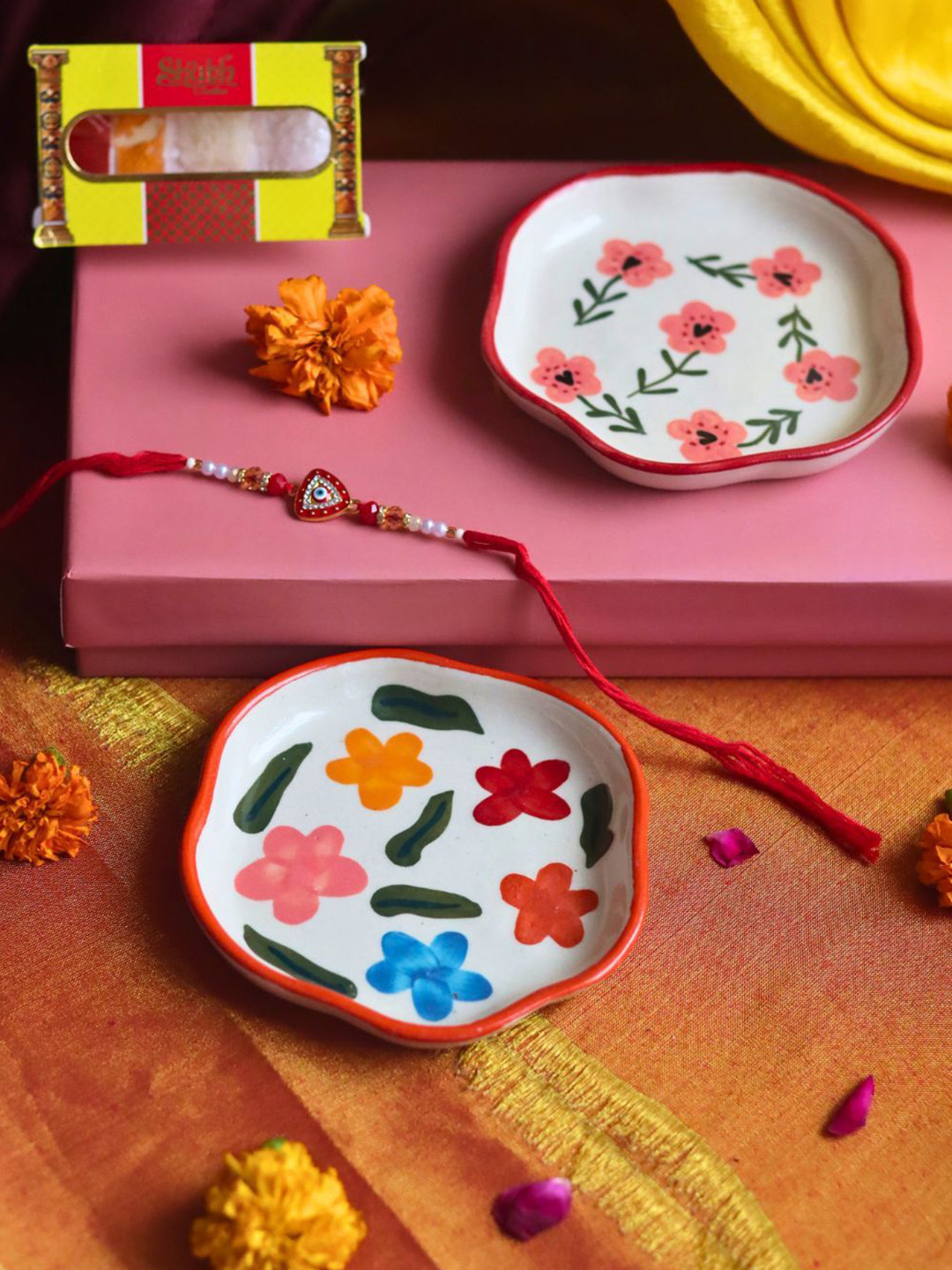 WEAVING HOMES Brightday & Poppy White Set Of 2 Dessert Plate With 1 Rakhi & Roli Chawal