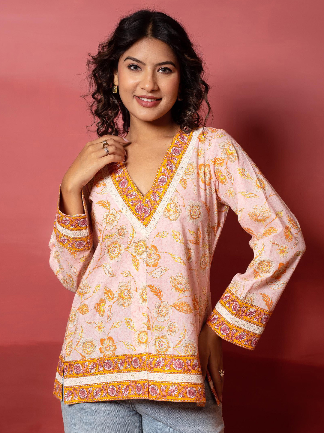 Pomcha Women Floral Printed V-Neck Flared Sleeves Pure Cotton Kurti