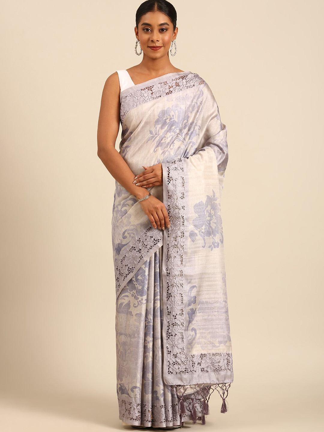 Taashi Neutral Colored Floral Printed Embroidered Cutwork Tussar Saree