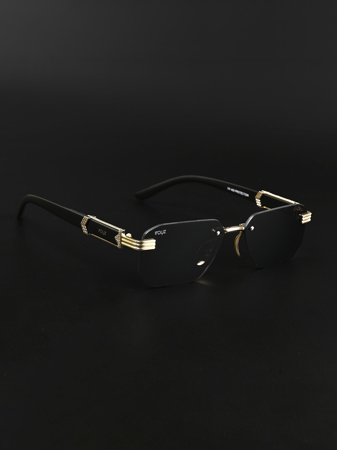Irayz Men Black Rimless UV Protected Rectangle Sunglasses 5533-Gold-Black