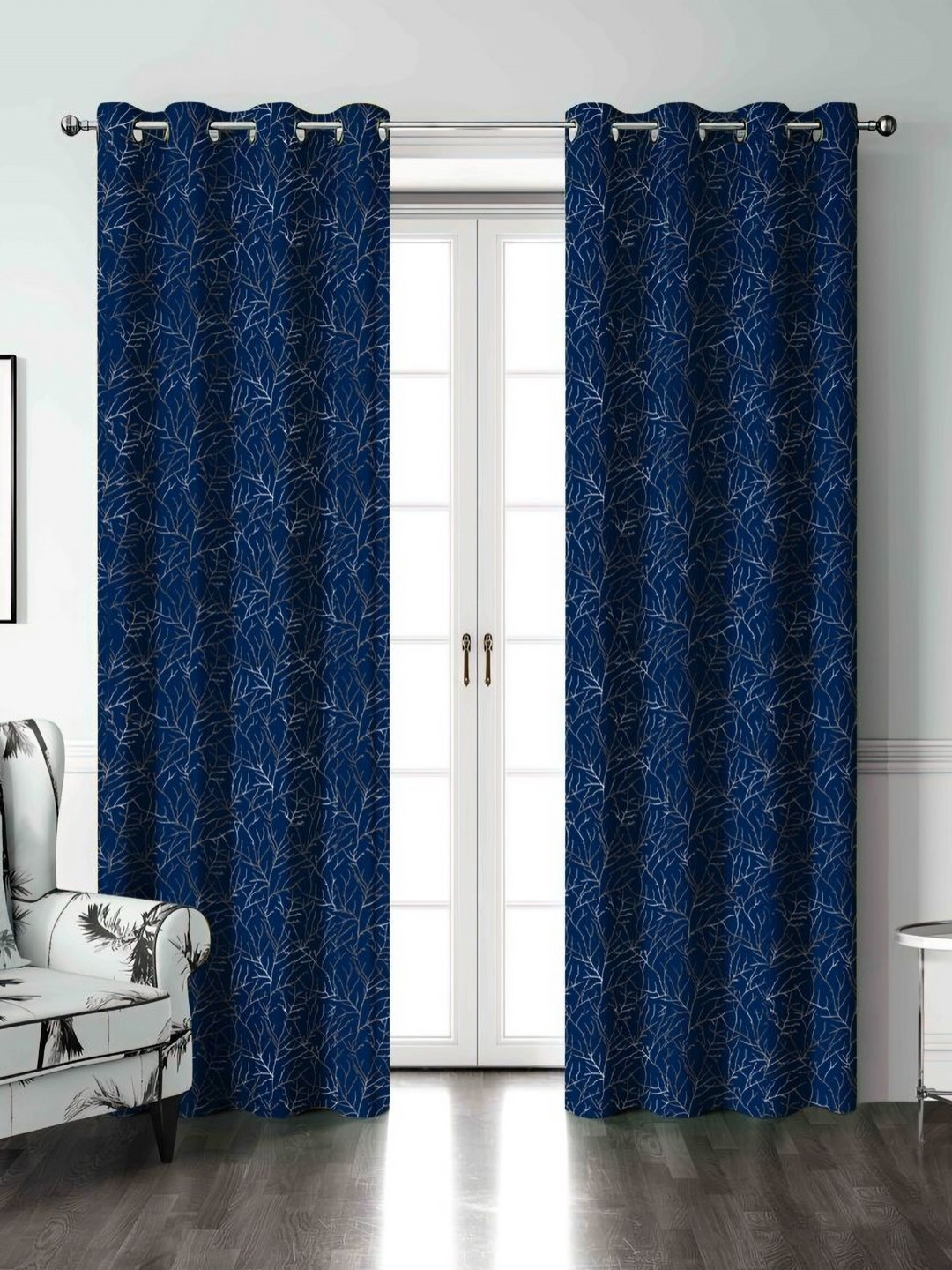 Aura Navy Blue & White 2 Pieces Abstract Printed Long Door Curtains