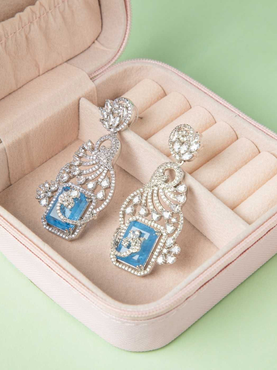 Niscka Rhodium-Plated American Diamond Studded Octagon Shaped Drop Earrings