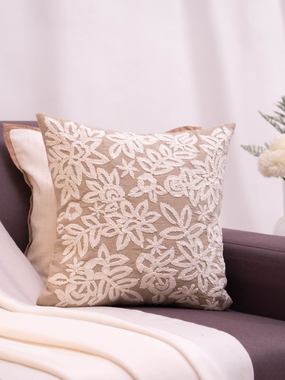 haus & kinder Earthen Charm Beige & White Embroidered Square Cushion Covers