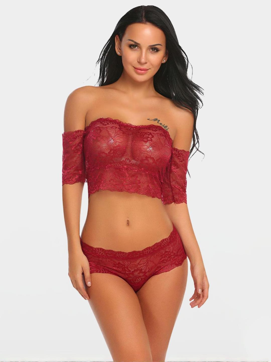 Ribald The Neech Off-Shoulder Floral Lace Lingerie Set