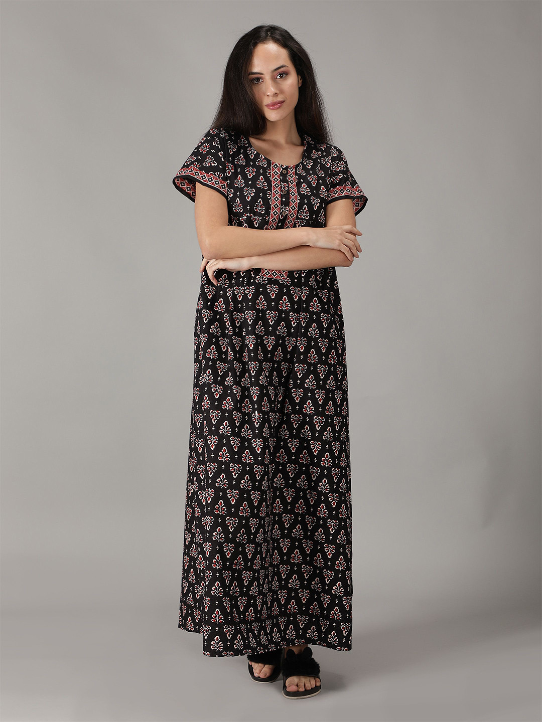 Nihsamah Ethnic Motifs Printed Pure Cotton Maxi Nightdress
