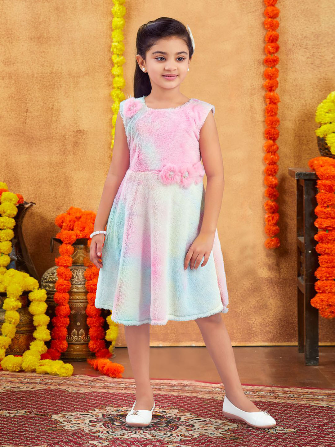 BAESD Girls Tie and Dye Round Neck Applique Pure Wool Fit & Flare Dress