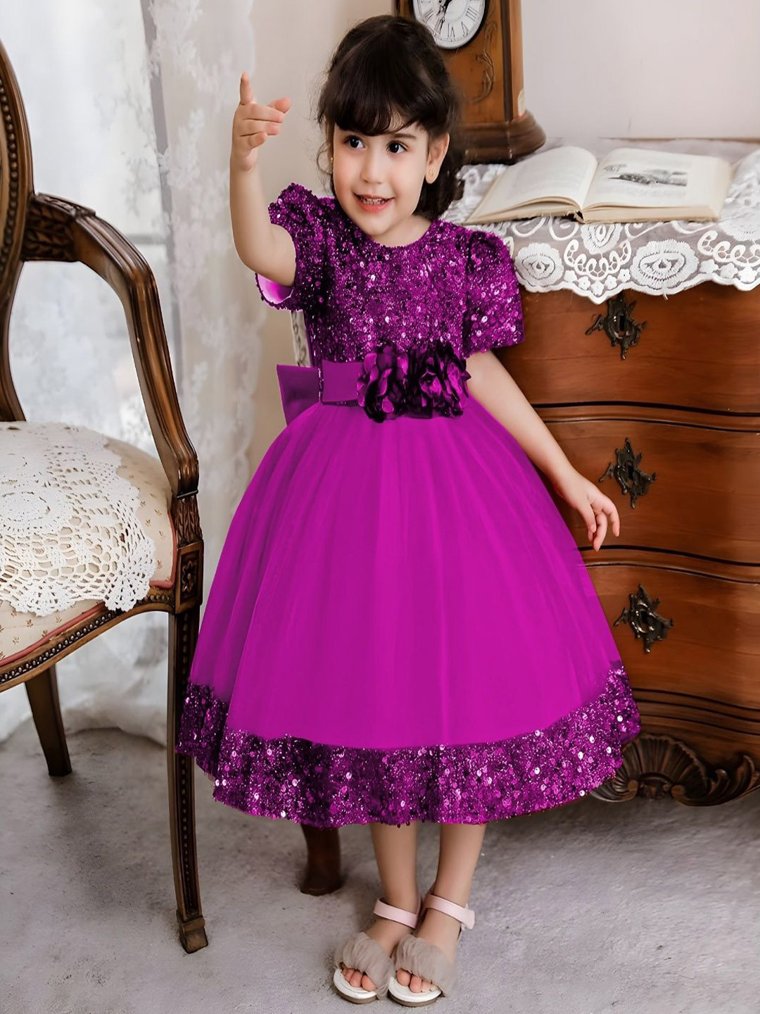 Vani Enterprise Girls Embellished Round Neck Floral Applique Fit & Flare Dress