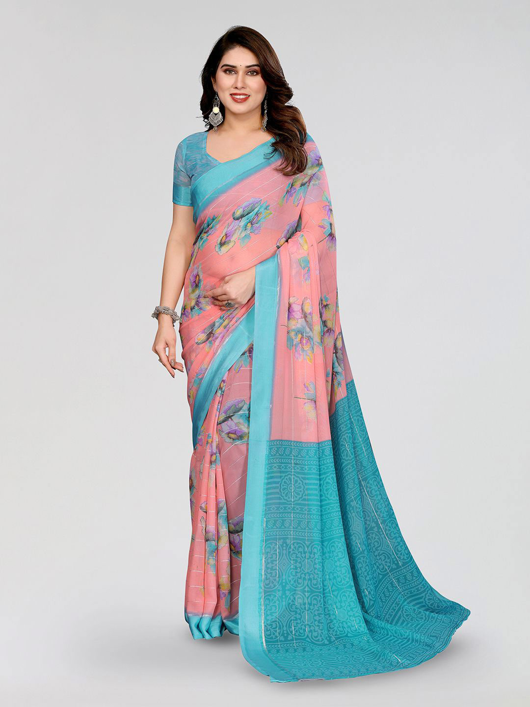 Moda Rapido Floral Print Zari Saree With Unstisched Blouse piece