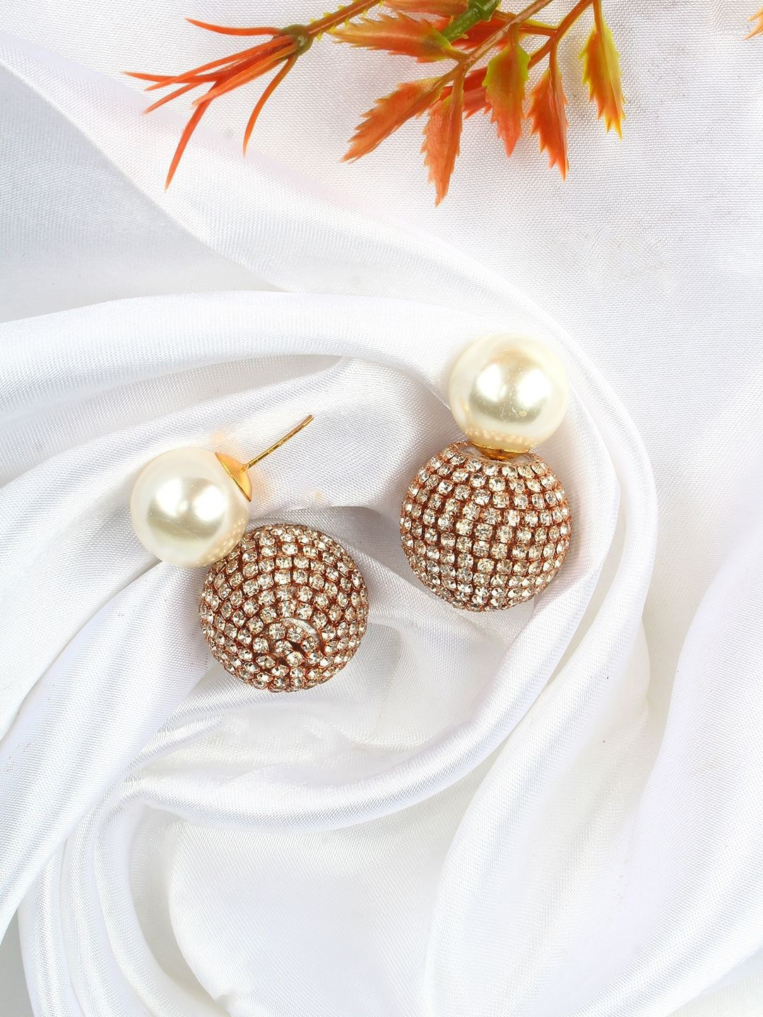 StyleCast Rose Gold Plated Rhinestone Studded & Pearls Beaded Contemporary Studs