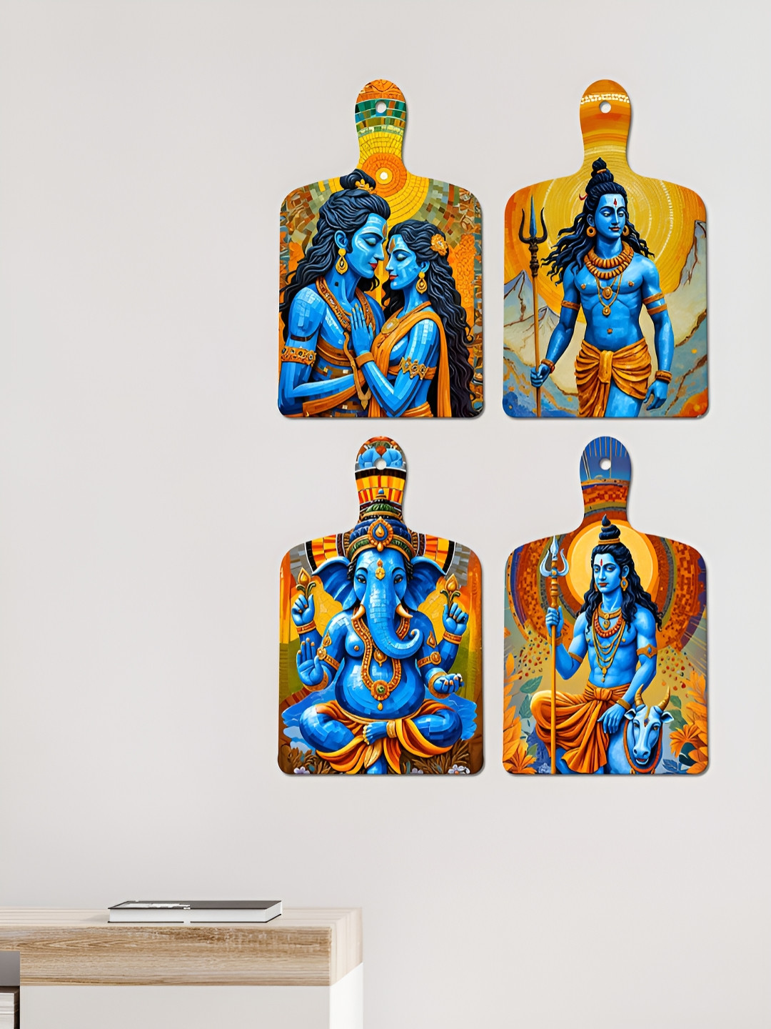 ArtVibes Shiva Art Wall Hanging Wood Ethnic Motifs Matte 4Pcs Spiritual Wall Decor-18.5In