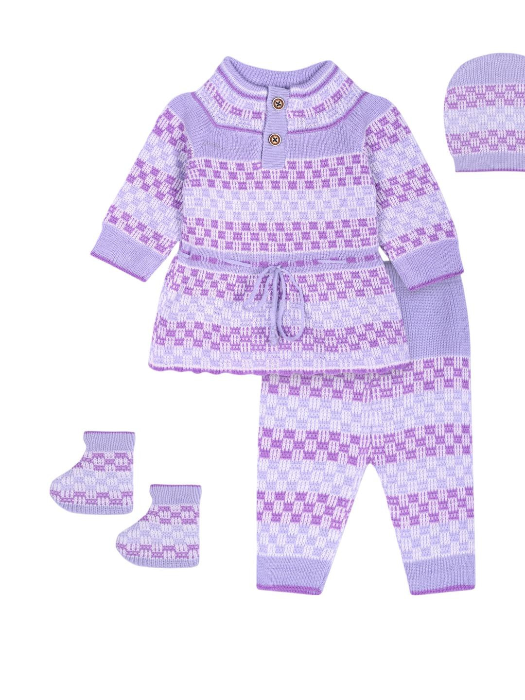 toyific Girls Knitted Self Design Sweater & Trousers with Booties & Cap